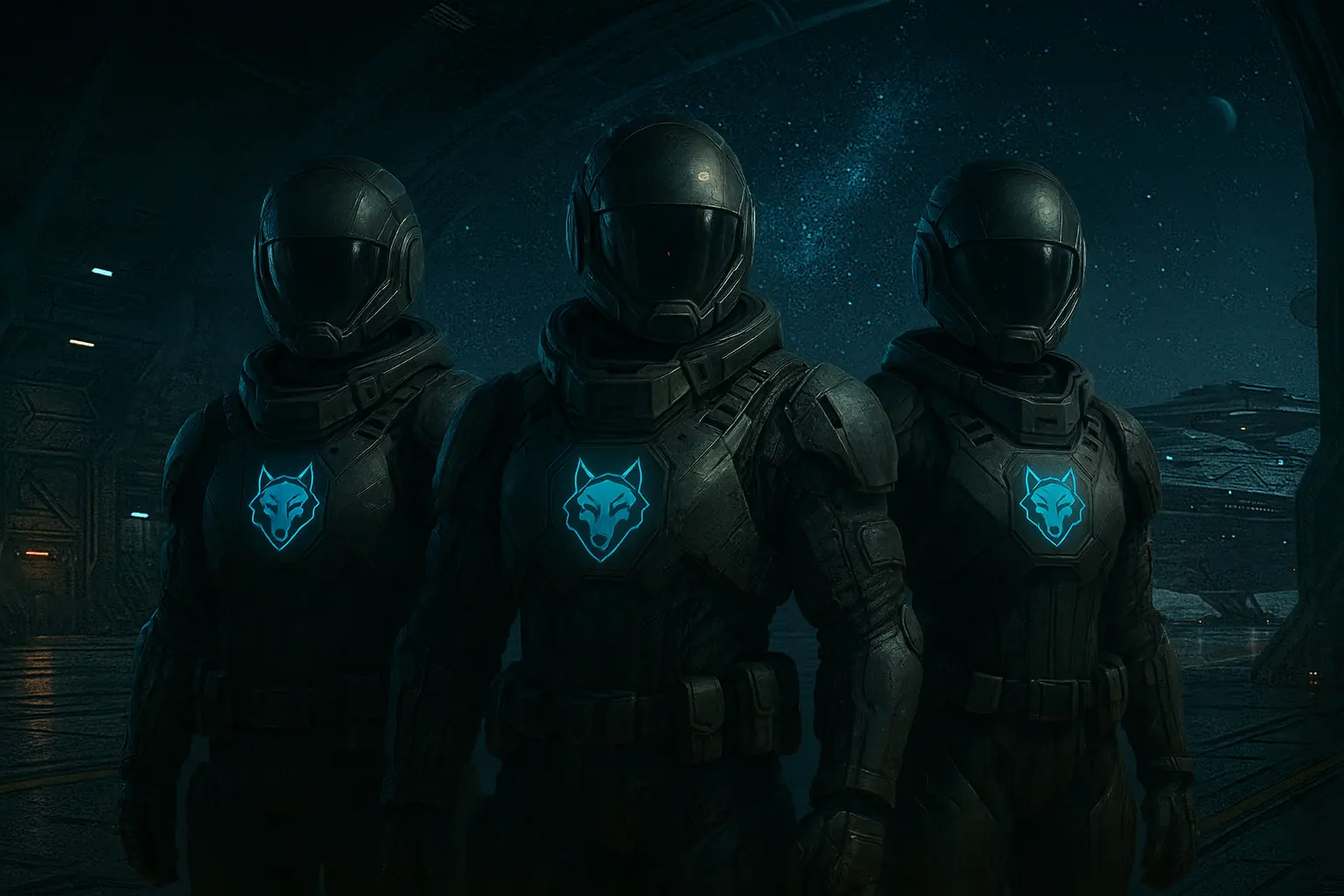 Concordia Luporum – Star Citizen Organisation im Verse. Drei Piloten unter Sternenhimmel mit Concordia-Wappen als Symbol für Loyalität, Disziplin und Zusammenhalt.