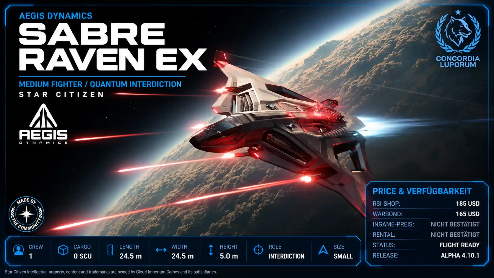 Aegis Sabre Raven EX – Star Citizen Medium Fighter mit Quantum Dampener und vier S3-Waffen