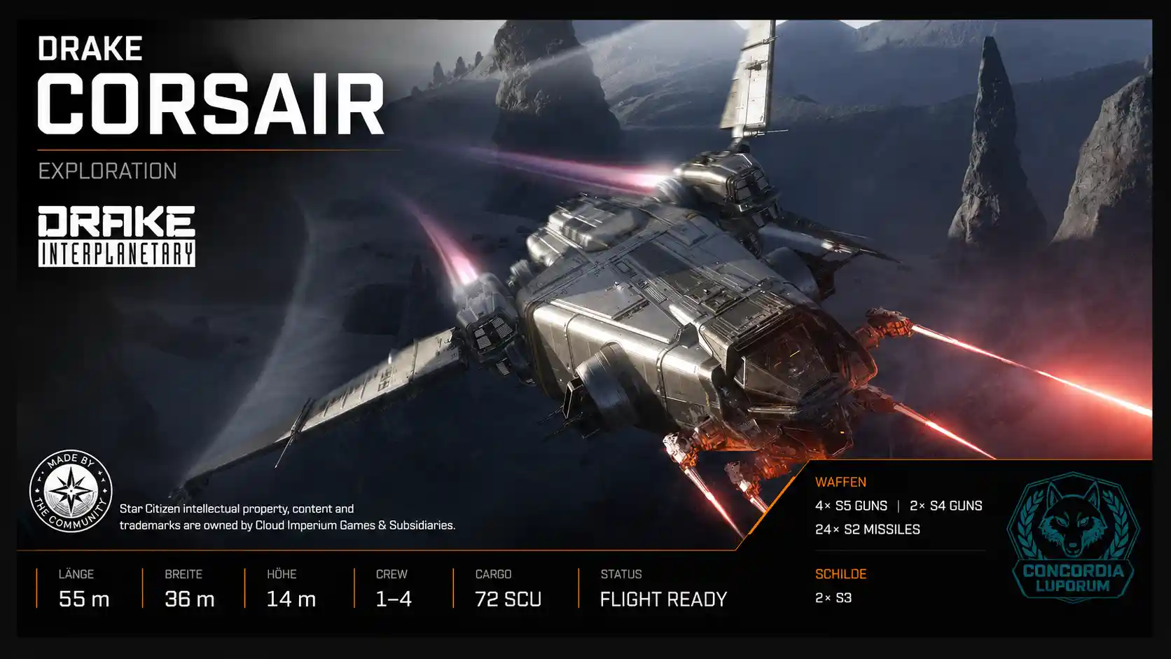 Drake Corsair in Star Citizen als Exploration-Schiff von Drake Interplanetary
