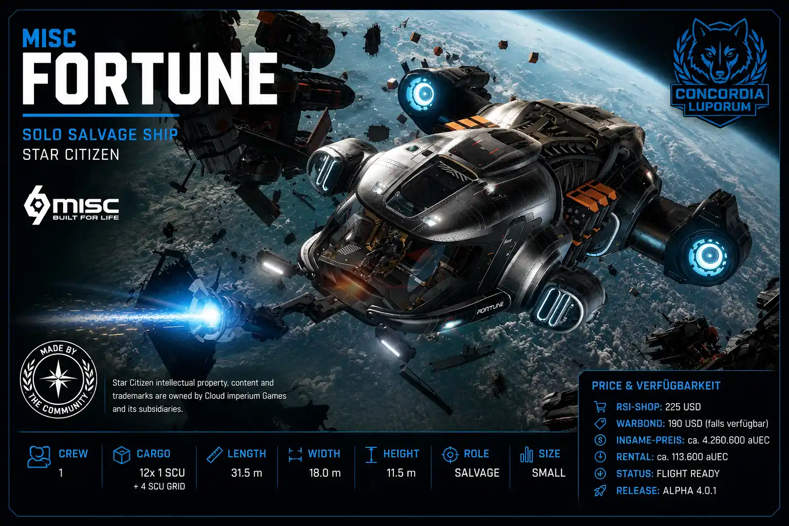 MISC Fortune Salvage Schiff in Star Citizen bei der Bergung von Wrackteilen im Weltraum