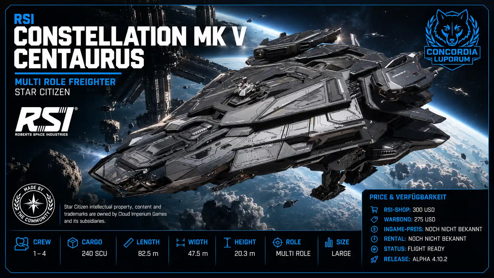 RSI Constellation Mk V Centaurus – Star Citizen Multirole-Schiff mit 240 SCU Cargo und Skylark-Jäger