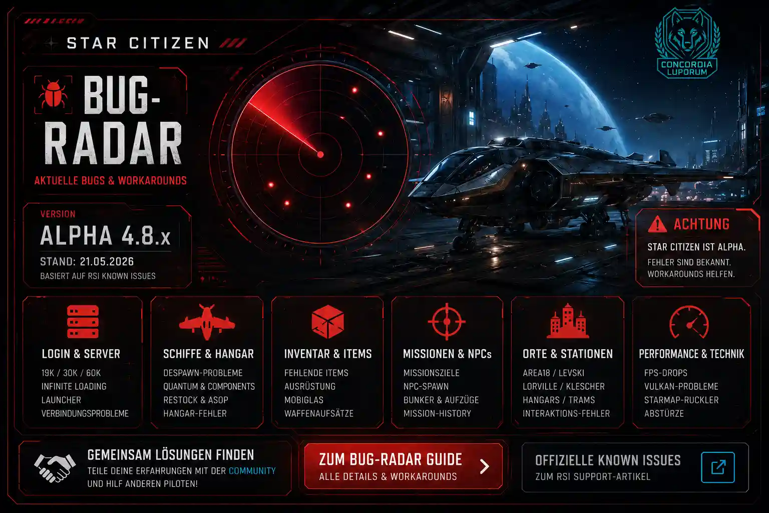 Star Citizen Alpha 4.8 Bugs und Workarounds – Concordia Luporum Bug-Radar